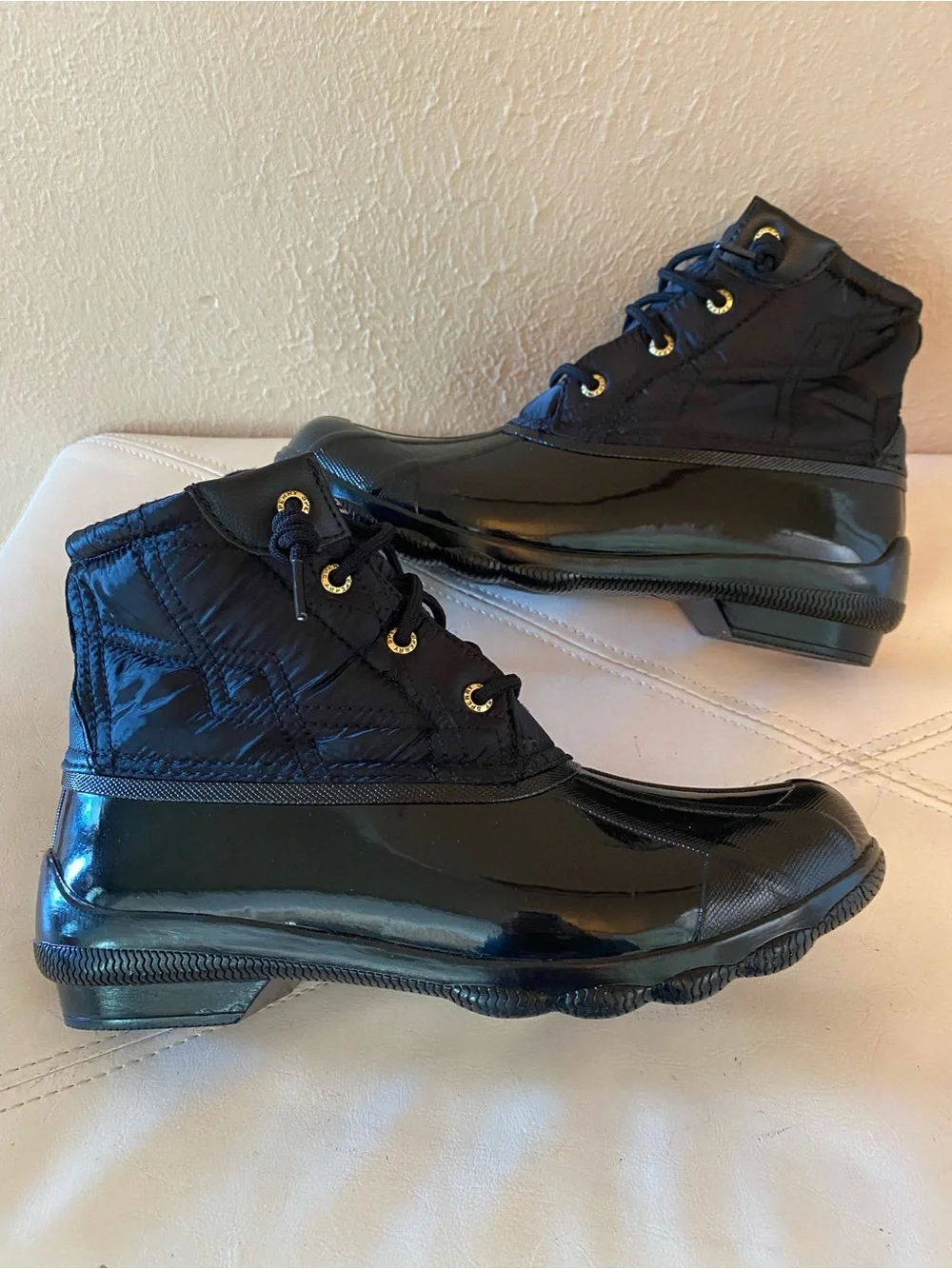 Sperry Syren Duck Boots Black Quilted Lace-Up Rain Ankle Boots Size 8.5